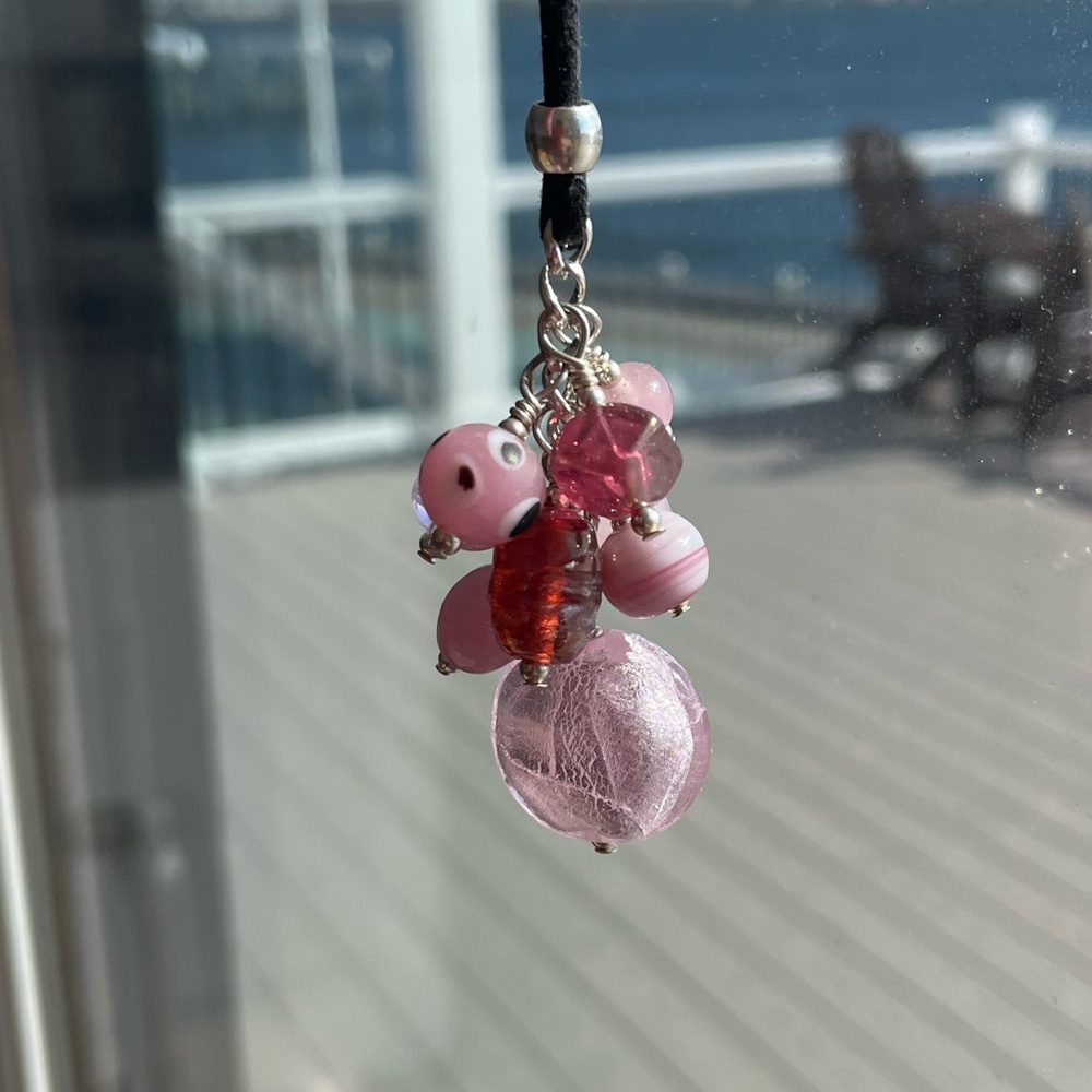 Handmade Pink Glass Beaded Grape Necklace Pendant on 18” Black Cord